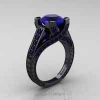 George K Classic 14K Black Gold 3.0 Ct Blue Sapphire Engraved Engagement Ring R364-14KBGBS
