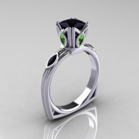 Modern Antique 14K White Gold 1.20 CT Princess Black Diamond Marquise Green Topaz Solitaire Ring R219-14KWGGTBD