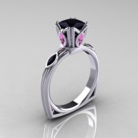 Modern Antique 14K White Gold 1.20 CT Princess Black Diamond Marquise Light Pink Sapphire Solitaire Ring R219-14KWGLPSBD