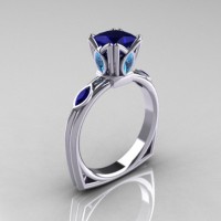 Modern Antique 10K White Gold 1.20 CT Princess Blue Sapphire Marquise Blue Topaz Solitaire Ring R219-10KWGBTBS