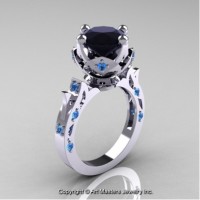 Modern Antique 14K White Gold 3.0 Ct Black Diamond Blue Topaz Solitaire Wedding Ring R214-14KWGBTBD