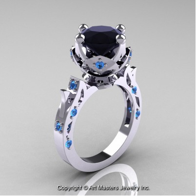Modern-Antique-White-Gold-Black-Diamond-Blue-Topaz-Solitaire-Wedding-Ring-R214-WGBTBD-P-402×402