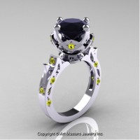 Modern Antique 14K White Gold 3.0 Ct Black Diamond Yellow Sapphire Solitaire Wedding Ring R214-14KWGYSBD
