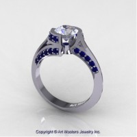 Modern French 14K White Gold 1.0 Ct White Sapphire Blue Sapphire Engagement Ring Wedding Ring R376-14KWGBSWS