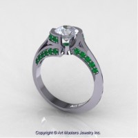 Modern French 14K White Gold 1.0 Ct White Sapphire Emerald Engagement Ring Wedding Ring R376-14KWGEMWS