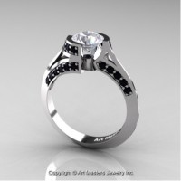 Modern French 14K White Gold 1.0 Ct White Sapphire Black Diamond Engagement Ring Wedding Ring R376-14KWGBDWS