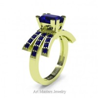 Victorian Inspired 18K Green Gold 1.0 Ct Emerald Cut Blue Sapphire Wedding Ring Engagement Ring R344-18KGRGBS
