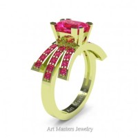 Victorian Inspired 18K Green Gold 1.0 Ct Emerald Cut Pink Sapphire Wedding Ring Engagement Ring R344-18KGRGPS
