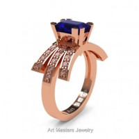 Victorian Inspired 14K Rose Gold 1.0 Ct Emerald Cut Blue Sapphire Diamond Wedding Ring Engagement Ring R344-14KRGDBS