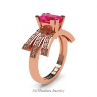 Victorian Inspired 14K Rose Gold 1.0 Ct Emerald Cut Pink Sapphire Diamond Wedding Ring Engagement Ring R344-14KRGDPS