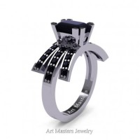 Victorian Inspired 14K White Gold 1.0 Ct Emerald Cut Black Diamond Wedding Ring Engagement Ring R344-14KWGBD