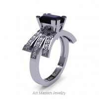Victorian Inspired 14K White Gold 1.0 Ct Emerald Cut Black and White Diamond Wedding Ring Engagement Ring R344-14KWGDBD