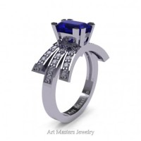 Victorian Inspired 14K White Gold 1.0 Ct Emerald Cut Blue Sapphire Diamond Wedding Ring Engagement Ring R344-14KWGDBS