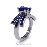 Victorian Inspired 14K White Gold 1.0 Ct Emerald Cut Blue Sapphire Wedding Ring Engagement Ring R344-14KWGBS