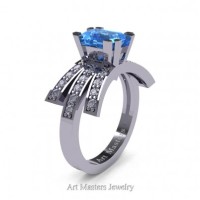 Victorian Inspired 14K White Gold 1.0 Ct Emerald Cut Blue Topaz Diamond Wedding Ring Engagement Ring R344-14KWGDBT