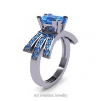 Victorian Inspired 14K White Gold 1.0 Ct Emerald Cut Blue Topaz Wedding Ring Engagement Ring R344-14KWGBT