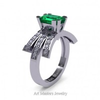 Victorian Inspired 14K White Gold 1.0 Ct Emerald Cut Emerald Diamond Wedding Ring Engagement Ring R344-14KWGDEM