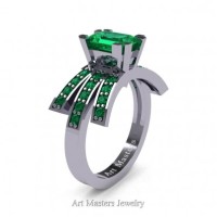 Victorian Inspired 14K White Gold 1.0 Ct Emerald Cut Emerald Wedding Ring Engagement Ring R344-14KWGEM