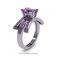 Victorian Inspired 14K White Gold 1.0 Ct Emerald Cut Lilac Amethyst Wedding Ring Engagement Ring R344-14KWGLAM