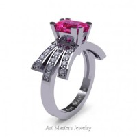 Victorian Inspired 14K White Gold 1.0 Ct Emerald Cut Pink Sapphire Diamond Wedding Ring Engagement Ring R344-14KWGDPS