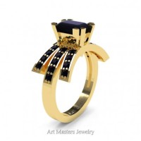 Victorian Inspired 14K Yellow Gold 1.0 Ct Emerald Cut Black Diamond Wedding Ring Engagement Ring R344-14KYGBD