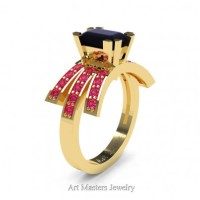 Victorian Inspired 14K Yellow Gold 1.0 Ct Emerald Cut Black Diamond Pink Sapphire Wedding Ring Engagement Ring R344-14KYGPSBD