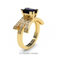 Victorian Inspired 14K Yellow Gold 1.0 Ct Emerald Cut Black and White Diamond Wedding Ring Engagement Ring R344-14KYGDBD