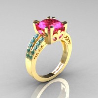 Modern Vintage 14K Yellow Gold 3.0 CT Pink Sapphire Blue Topaz Solitaire Ring R102-14KYGBTPS