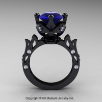 Modern Antique 14K Black Gold 3.0 Ct Blue Sapphire Diamond Solitaire Wedding Ring R214-14KBGDBS