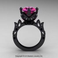 Modern Antique 14K Black Gold 3.0 Ct Pink Sapphire Black Diamond Solitaire Wedding Ring R214-14KBGBDPS