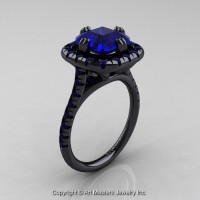 Modern French 14K Black Gold 3.0 Ct Royal Emerald Cut Blue Sapphire Single Halo Engagement Ring R288-14KBGBS