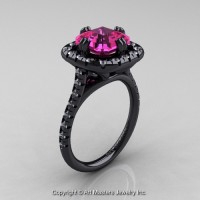 Modern French 14K Black Gold 3.0 Ct Royal Emerald Cut Pink Sapphire Diamond Single Halo Engagement Ring R288-14KBGDPS