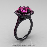 Modern French 14K Black Gold 3.0 Ct Royal Emerald Cut Pink Sapphire Single Halo Engagement Ring R288-14KBGPS