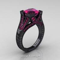 Modern Vintage 14K Black Gold 3.0 Ct Princess Pink Sapphire Engraved Engagement Ring R367P-14KBGPS