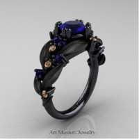 Nature Inspired 14K Black Gold 1.0 Ct Blue Sapphire Champagne Diamond Leaf and Vine Engagement Ring R340S-14KBGCHDBS