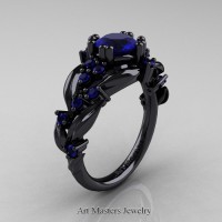 Nature Inspired 14K Black Gold 1.0 Ct Blue Sapphire Leaf and Vine Engagement Ring R340-14KBGBS