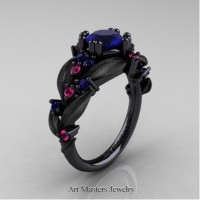 Nature Inspired 14K Black Gold 1.0 Ct Blue and Pink Sapphire Leaf and Vine Engagement Ring R340S-14KBGPSBS