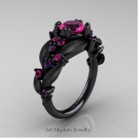 Nature Inspired 14K Black Gold 1.0 Ct Pink Sapphire Amethyst Leaf and Vine Engagement Ring R340S-14KBGAMPS