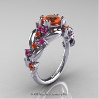 Nature Inspired 14K White Gold 1.0 Ct Orange and Pink Sapphire Leaf and Vine Engagement Ring R340-14KWGPSOS