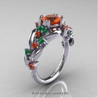 Nature Inspired 14K White Gold 1.0 Ct Orange Sapphire Emerald Leaf and Vine Engagement Ring R340-14KWGEMOS