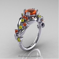 Nature Inspired 14K White Gold 1.0 Ct Orange and Yellow Sapphire Leaf and Vine Engagement Ring R340-14KWGYSOS