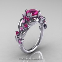 Nature Inspired 14K White Gold 1.0 Ct Pink and Light Pink Sapphire Leaf and Vine Engagement Ring R340-14KWGLPSPS
