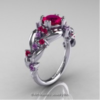 Nature Inspired 14K White Gold 1.0 Ct Rose Ruby Lilac Amethyst Leaf and Vine Engagement Ring R340-14KWGLAMRR