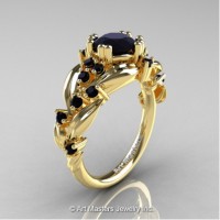 Nature Inspired 14K Yellow Gold 1.0 Ct Black Diamond Leaf and Vine Engagement Ring R340-14KYGBD