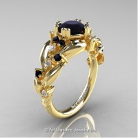 Nature Inspired 14K Yellow Gold 1.0 Ct Black and White Diamond Leaf and Vine Engagement Ring R340-14KYGDBD