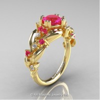 Nature Inspired 14K Yellow Gold 1.0 Ct Pink Sapphire Diamond Leaf and Vine Engagement Ring R340-14KYGDPS