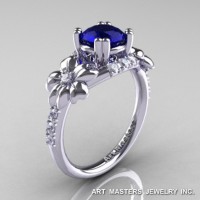 Nature Inspired 14K White Gold 1.0 Ct Blue Sapphire Diamond Leaf Vine Ring R245-14KWGDBS