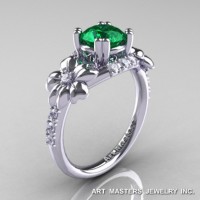 Nature Inspired 14K White Gold 1.0 Ct Emerald White Diamond Leaf Vine Ring R245-14KWGDEM
