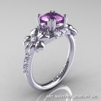 Nature Inspired 14K White Gold 1.0 Ct Lilac Amethyst Diamond Leaf Vine Ring R245-14KWGDLAM