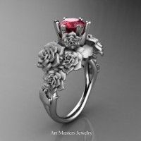 Nature Inspired 14K White Gold 1.0 Ct Ruby Rose Bouquet Leaf and Vine Engagement Ring R427-14KWGR